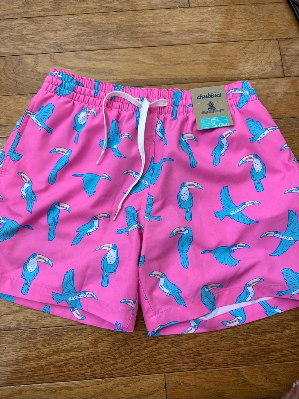 chubbies Pink Swim Shorts with Blue Toucan Print